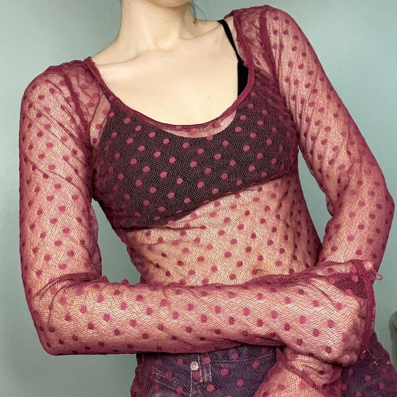 Poof! Tops - Poof Vintage Y2K Women's Pink Shirt Sheer Burgundy Polka Dot Top